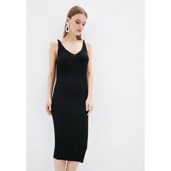 DASTI Knit Black Dress Ribbed Bodycon Midi Sweater Sleeveless V-Neck Knitted - Picture 3 of 6